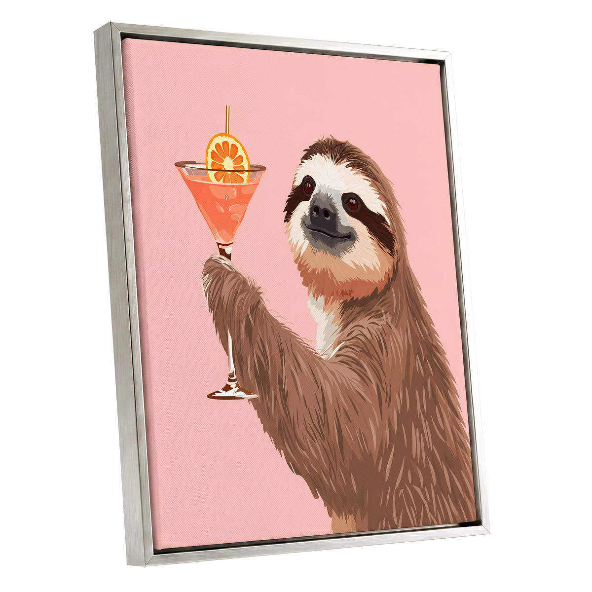 Sloth Happy Hour, pink, brown, orange nature wall art shown as a silver framed canvas wall art