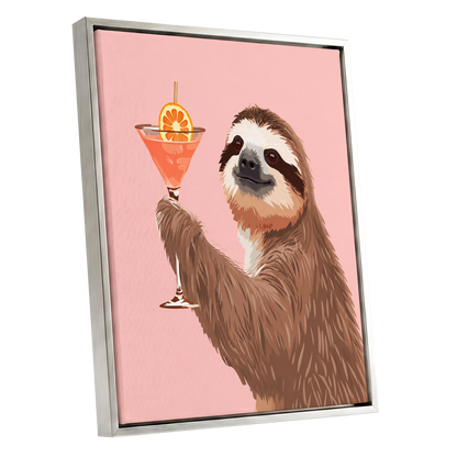 Sloth Happy Hour, pink, brown, orange nature wall art shown as a silver framed canvas wall art