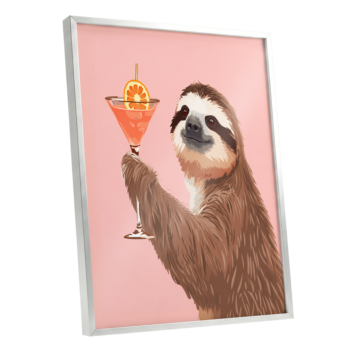 Sloth Happy Hour, pink, brown, orange nature wall art shown as a silver framed poster wall art print