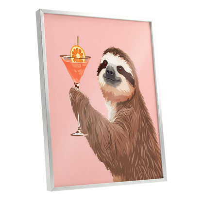 Sloth Happy Hour, pink, brown, orange nature wall art shown as a silver framed poster wall art print