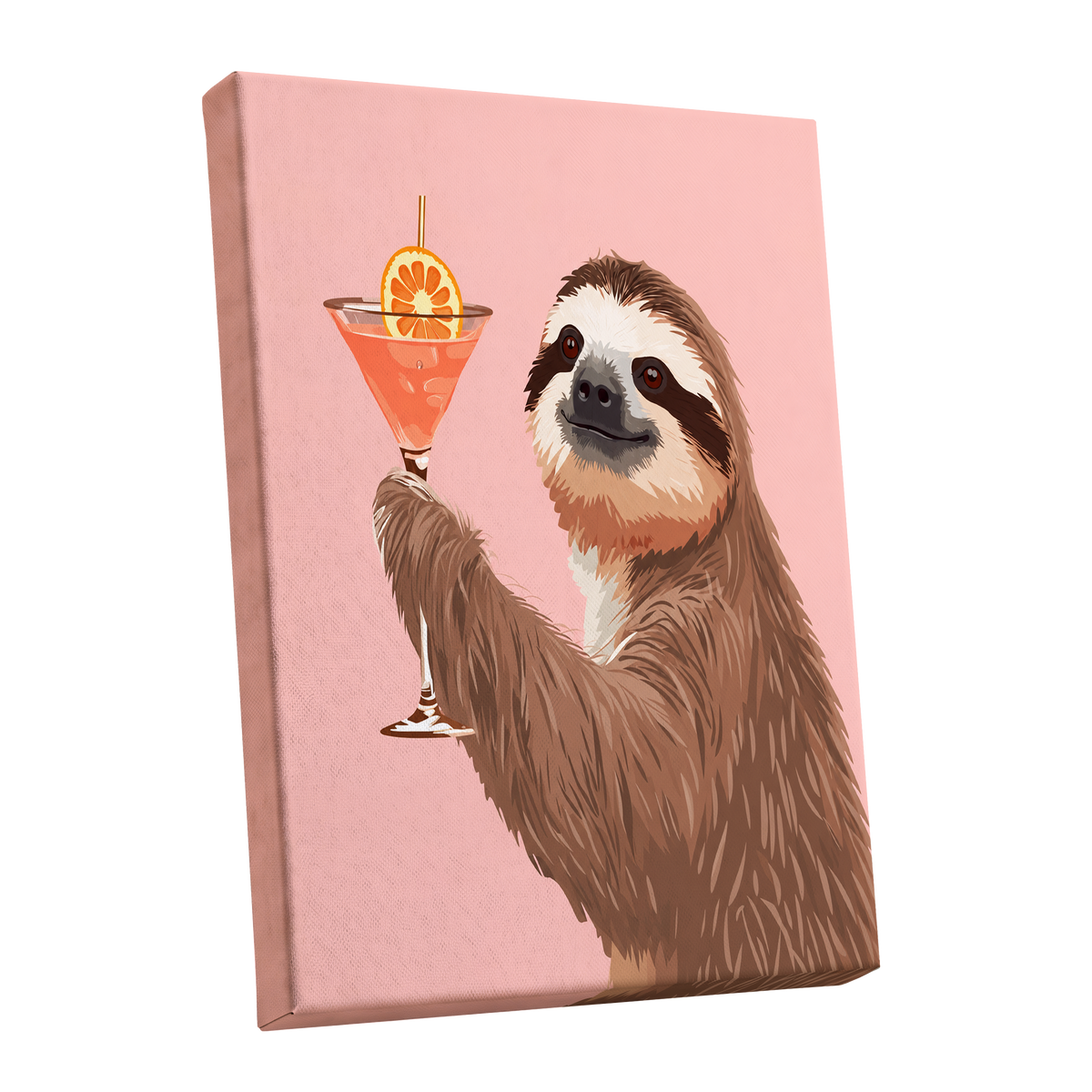 Sloth Happy Hour, pink, brown, orange nature wall art shown as a stretched canvas wall art
