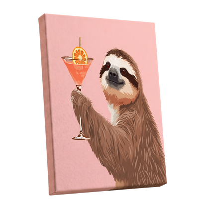 Sloth Happy Hour, pink, brown, orange nature wall art shown as a stretched canvas wall art