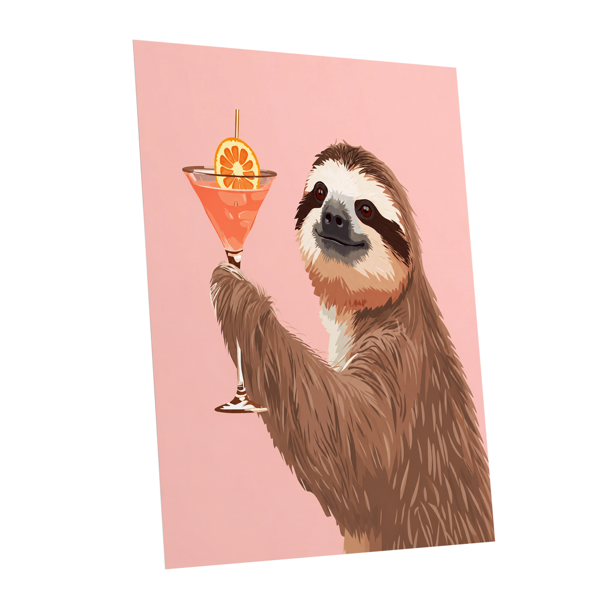 Sloth Happy Hour, pink, brown, orange nature wall art shown as a unframed poster wall art print