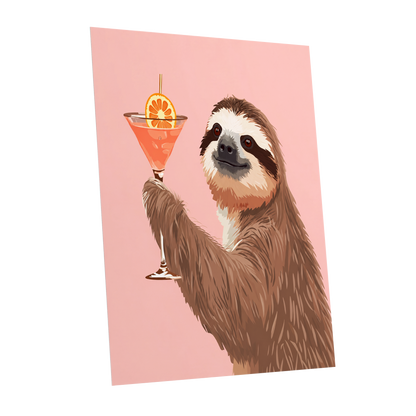 Sloth Happy Hour, pink, brown, orange nature wall art shown as a unframed poster wall art print