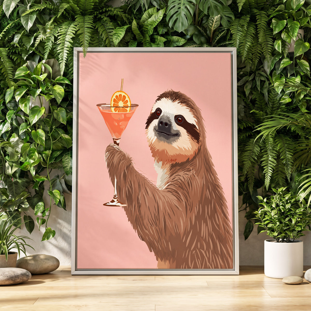 Sloth Happy Hour, pink, brown, orange nature wall art displayed in a styled interior, gallery view 1
