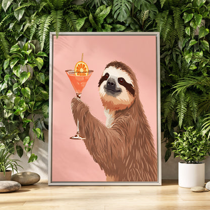 Sloth Happy Hour, pink, brown, orange nature wall art displayed in a styled interior, gallery view 1