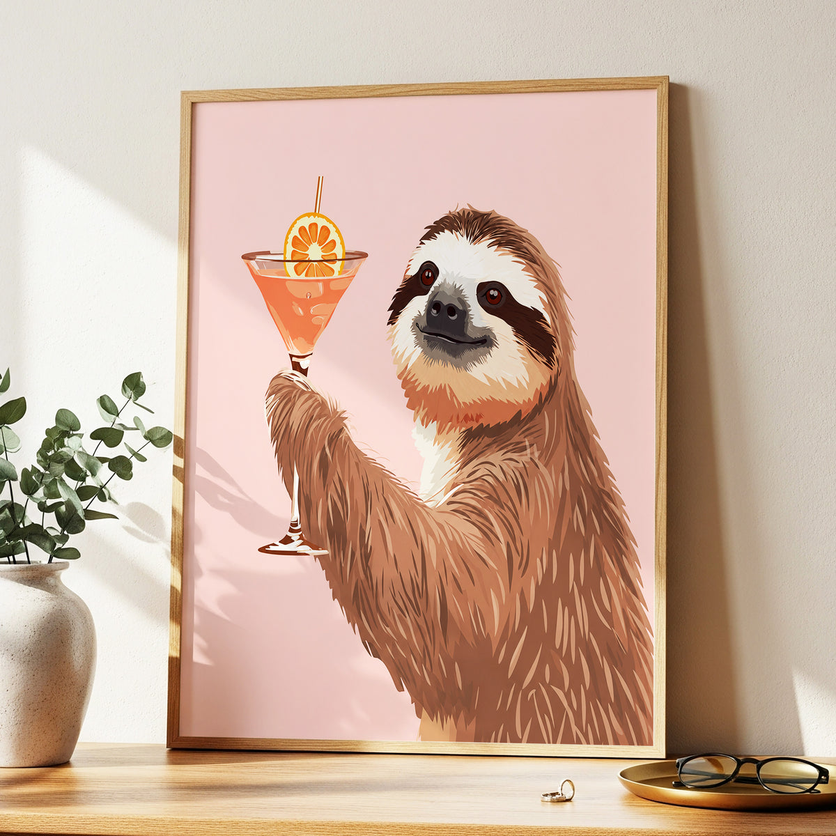 Sloth Happy Hour, pink, brown, orange nature wall art displayed in a styled interior, gallery view 2