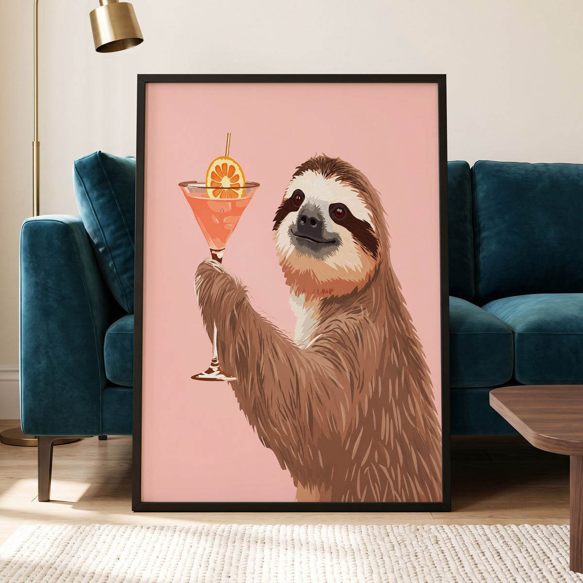 Sloth Happy Hour, pink, brown, orange nature wall art displayed in a styled interior, gallery view 3