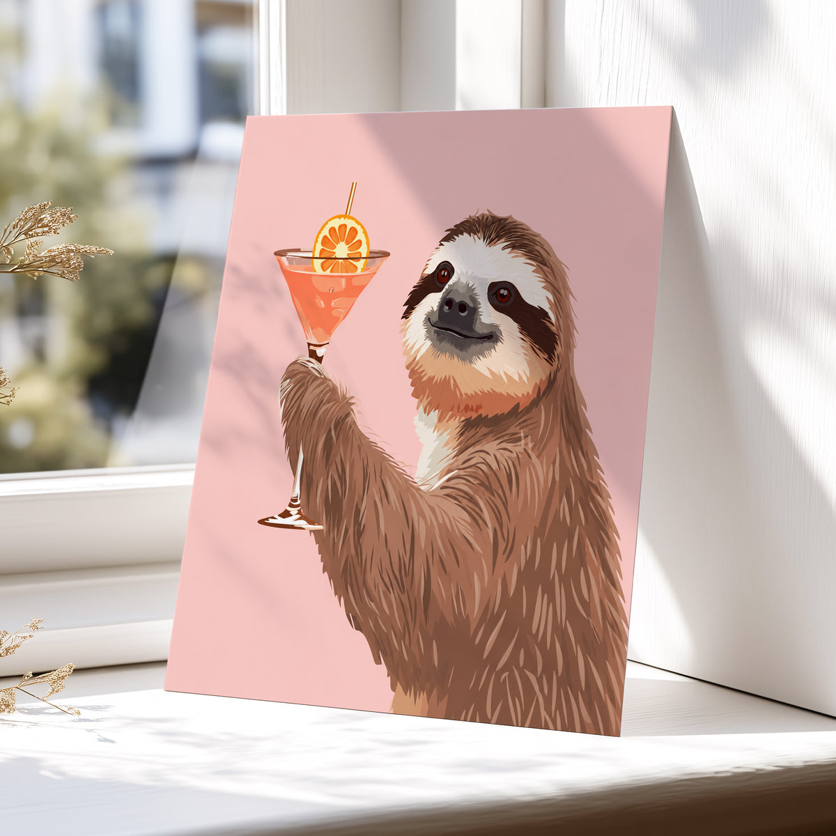 Sloth Happy Hour, pink, brown, orange nature wall art displayed in a styled interior, gallery view 4