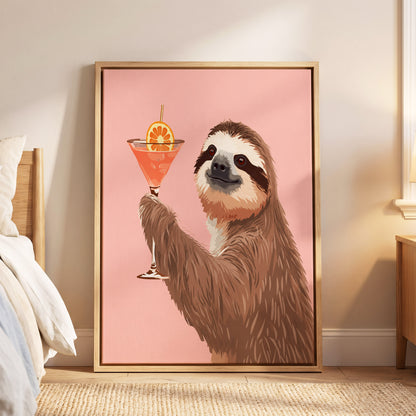 Sloth Happy Hour, pink, brown, orange nature wall art displayed in a styled interior, gallery view 5