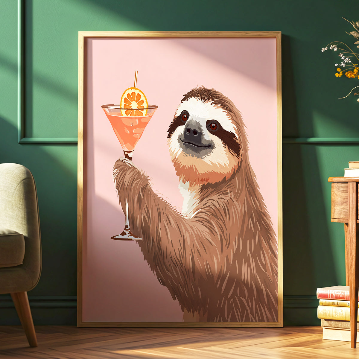 Sloth Happy Hour, pink, brown, orange nature wall art displayed in a styled interior, gallery view 6