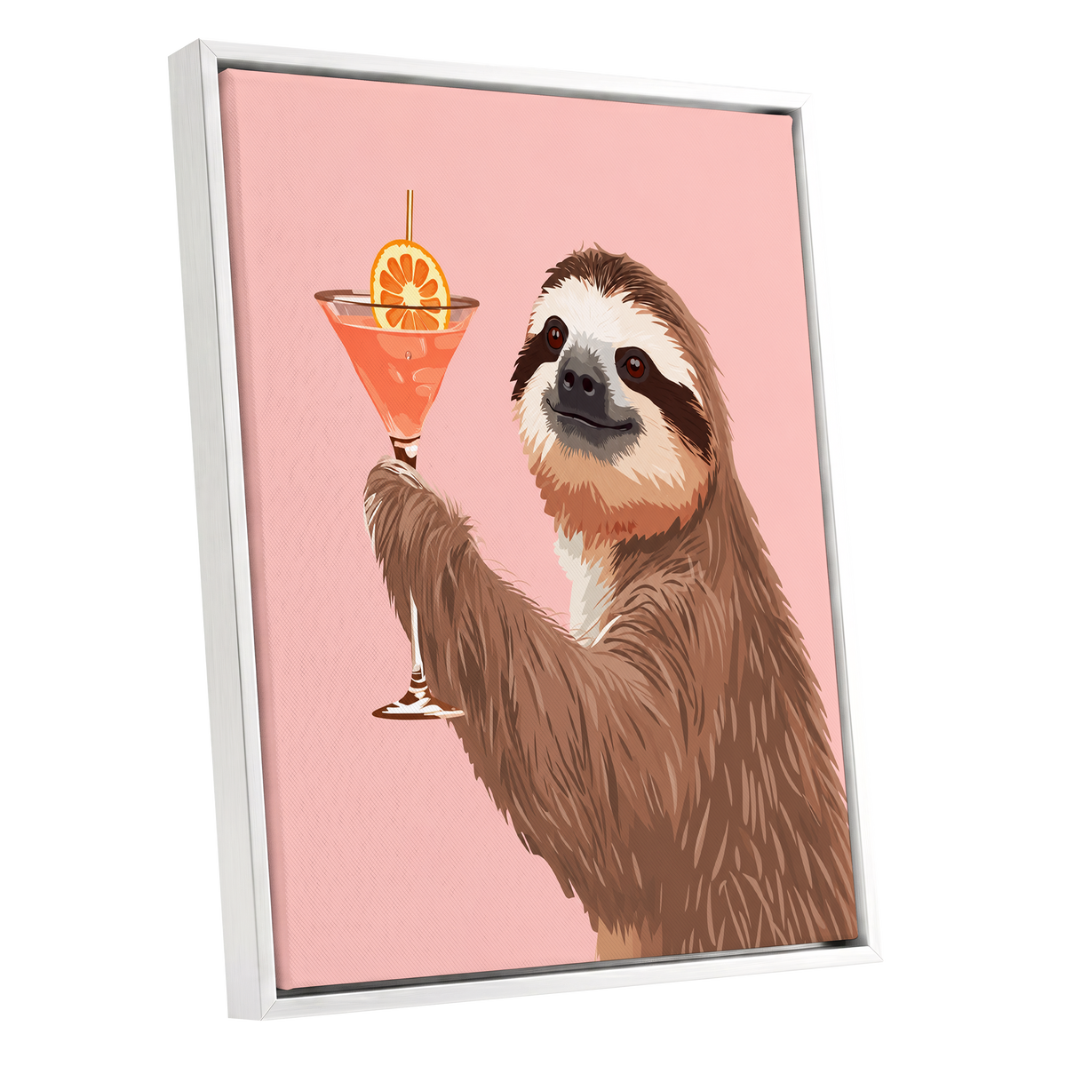 Sloth Happy Hour, pink, brown, orange nature wall art shown as a white framed canvas wall art