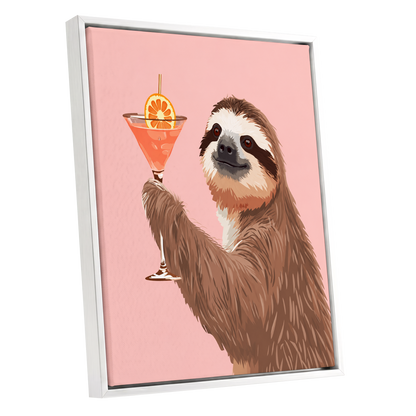 Sloth Happy Hour, pink, brown, orange nature wall art shown as a white framed canvas wall art