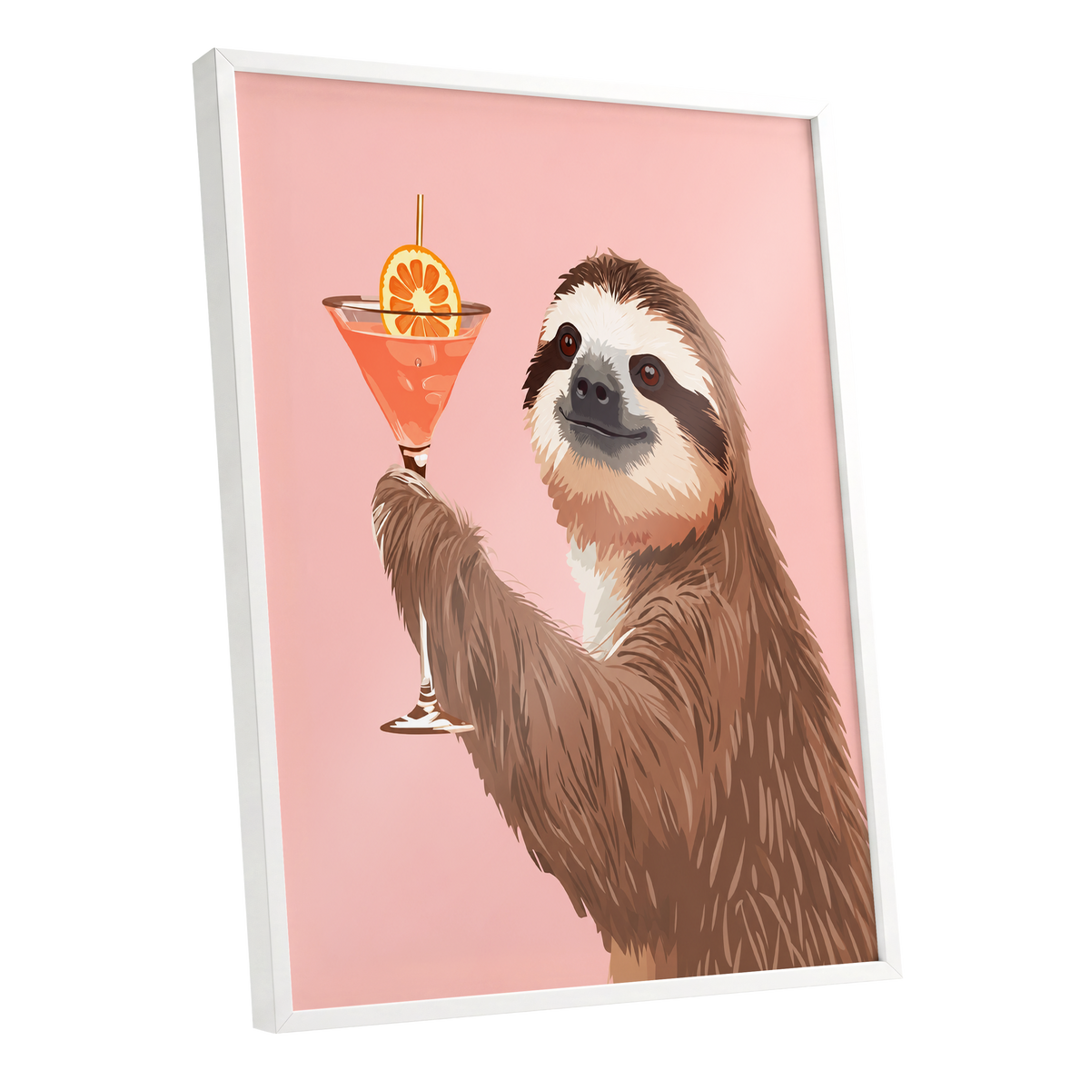 Sloth Happy Hour, pink, brown, orange nature wall art shown as a white framed poster wall art print