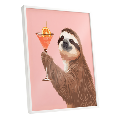 Sloth Happy Hour, pink, brown, orange nature wall art shown as a white framed poster wall art print