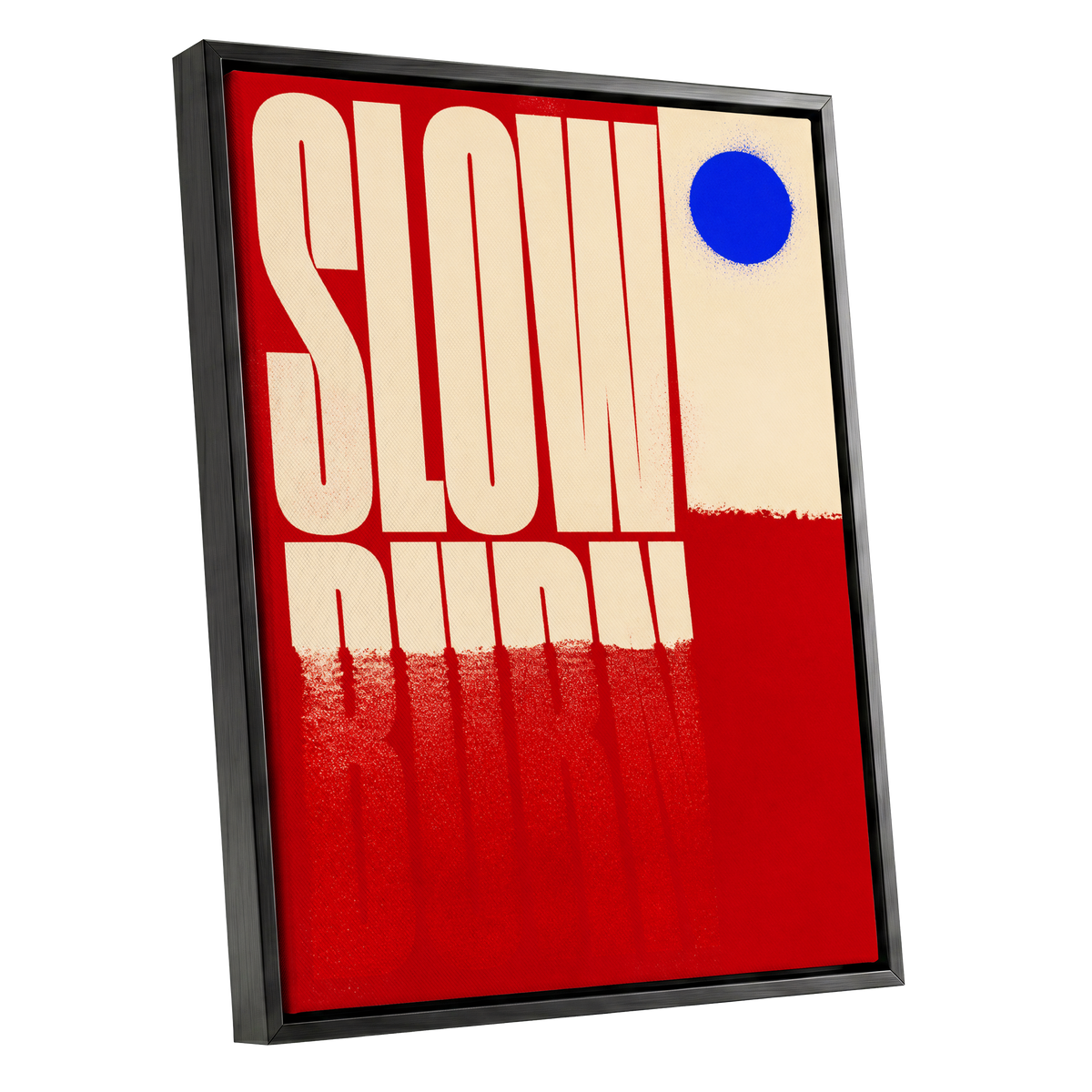 Slow Burn Signal, red, beige, blue minimalist wall art shown as a black framed canvas wall art