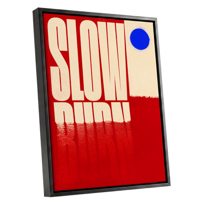Slow Burn Signal, red, beige, blue minimalist wall art shown as a black framed canvas wall art