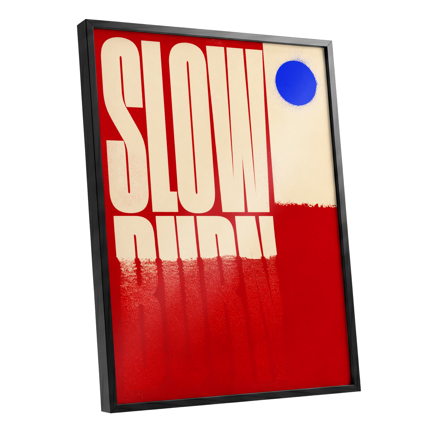 Slow Burn Signal, red, beige, blue minimalist wall art shown as a black framed poster wall art print