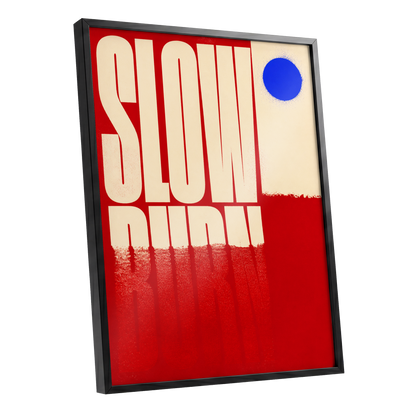 Slow Burn Signal, red, beige, blue minimalist wall art shown as a black framed poster wall art print