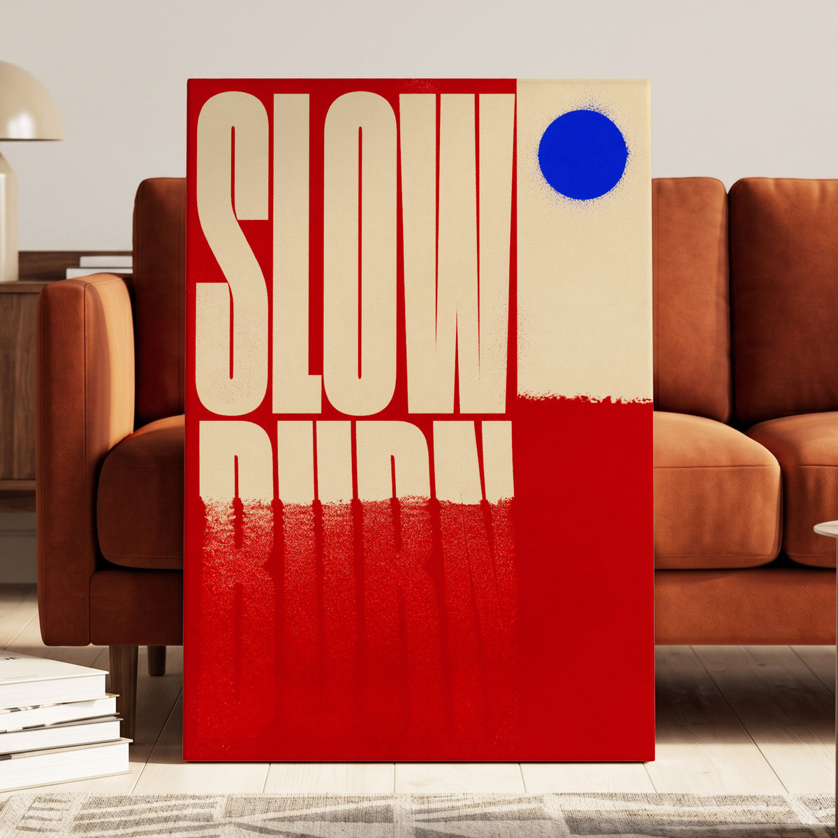 Slow Burn Signal, red, beige, blue minimalist wall art on canvas displayed in a styled interior, gallery view 1