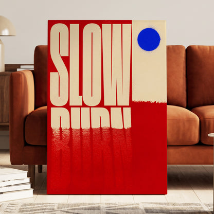 Slow Burn Signal, red, beige, blue minimalist wall art on canvas displayed in a styled interior, gallery view 1