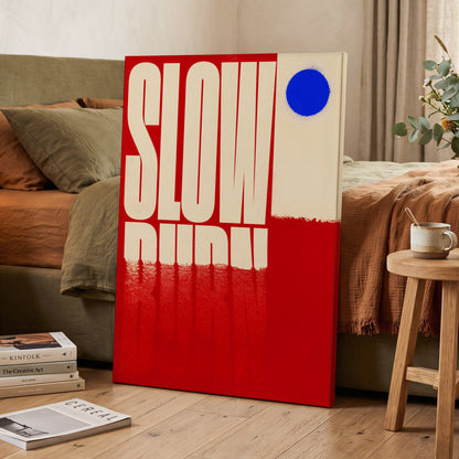 Slow Burn Signal, red, beige, blue minimalist wall art on canvas displayed in a styled interior, gallery view 2