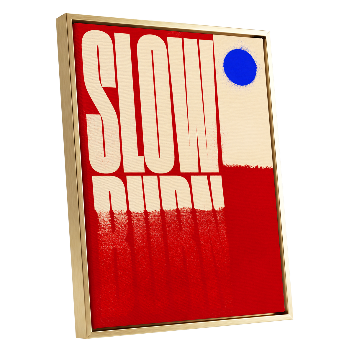 Slow Burn Signal, red, beige, blue minimalist wall art shown as a gold framed canvas wall art