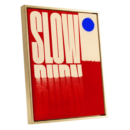 Slow Burn Signal, red, beige, blue minimalist wall art shown as a gold framed canvas wall art