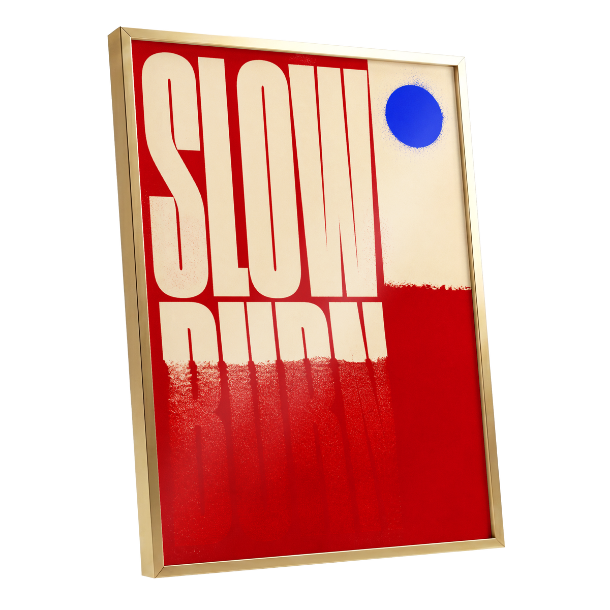 Slow Burn Signal, red, beige, blue minimalist wall art shown as a gold framed poster wall art print