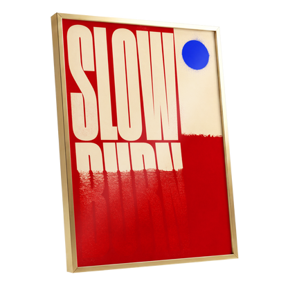Slow Burn Signal, red, beige, blue minimalist wall art shown as a gold framed poster wall art print