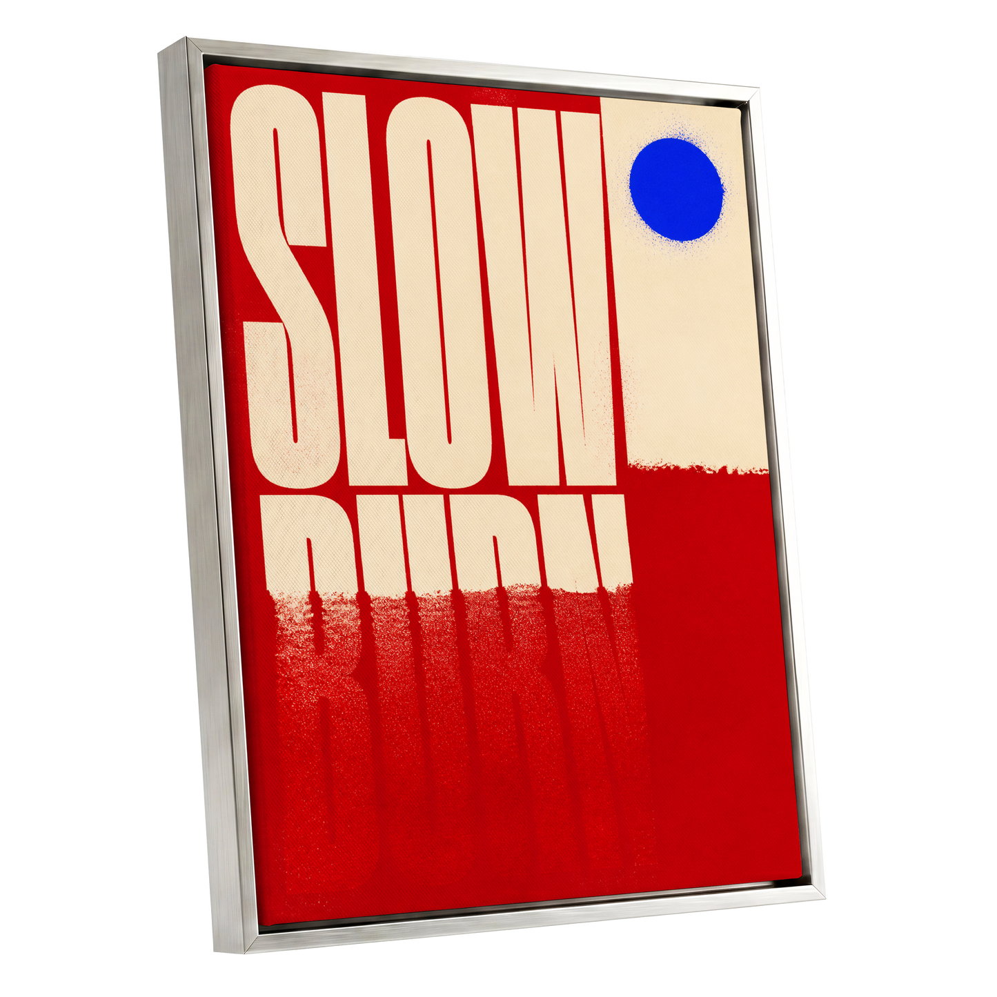 Slow Burn Signal, red, beige, blue minimalist wall art shown as a silver framed canvas wall art