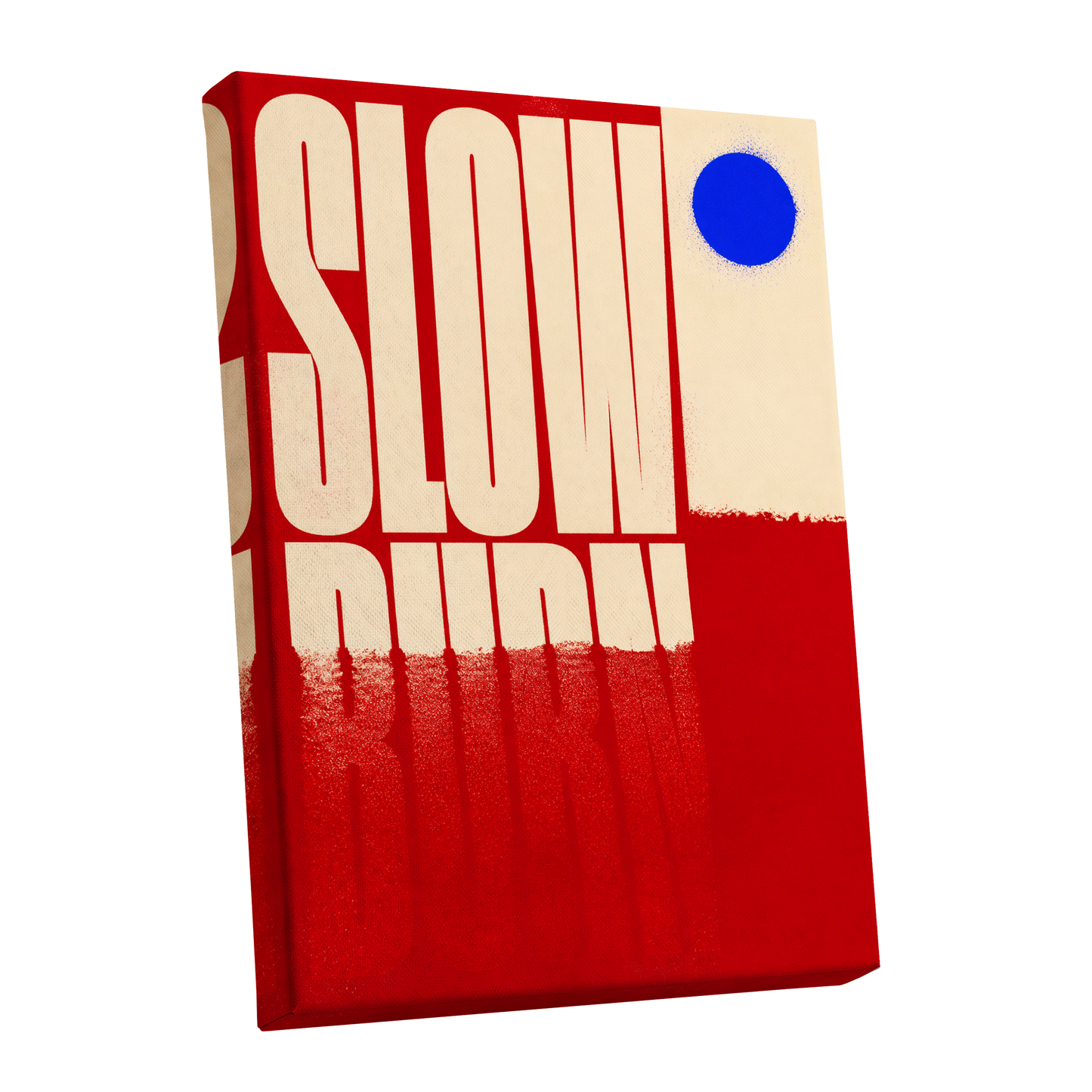 Slow Burn Signal, red, beige, blue minimalist wall art shown as a stretched canvas wall art