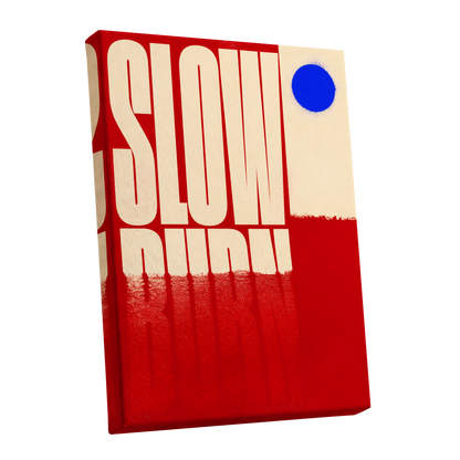 Slow Burn Signal, red, beige, blue minimalist wall art shown as a stretched canvas wall art