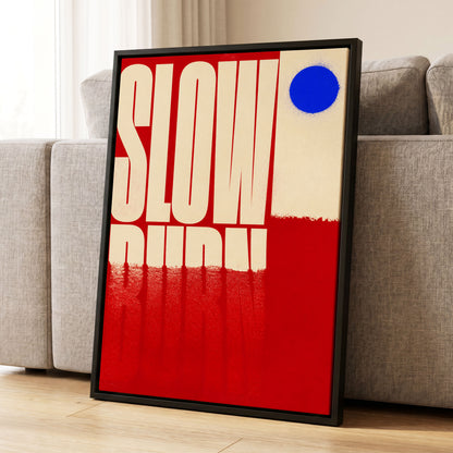 Slow Burn Signal, red, beige, blue minimalist wall art displayed in a styled interior, gallery view 1