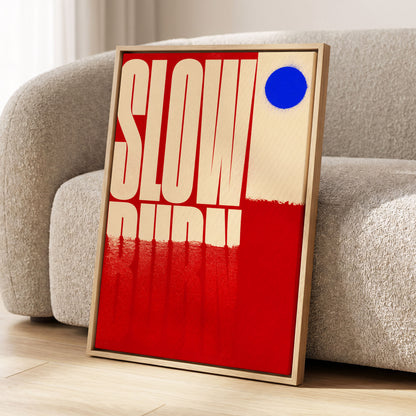 Slow Burn Signal, red, beige, blue minimalist wall art displayed in a styled interior, gallery view 2