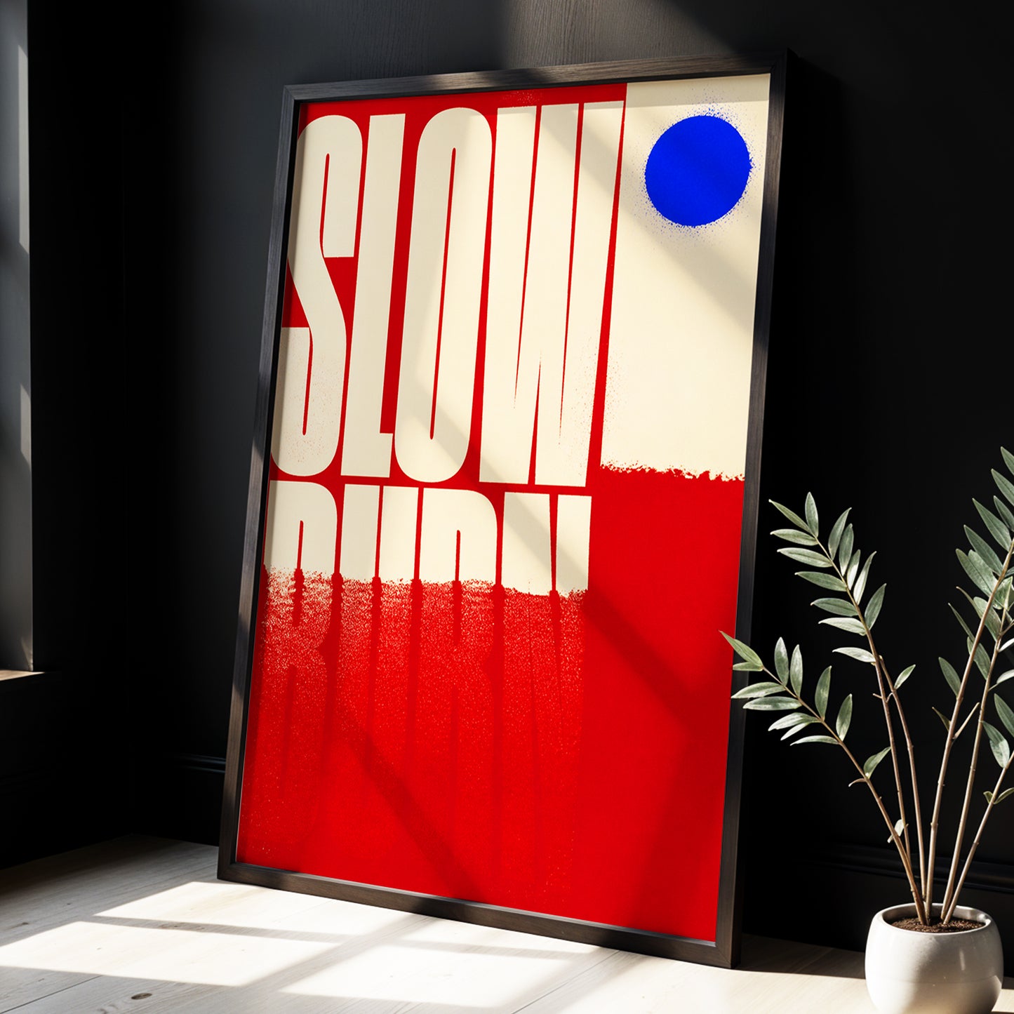 Slow Burn Signal, red, beige, blue minimalist wall art displayed in a styled interior, gallery view 3
