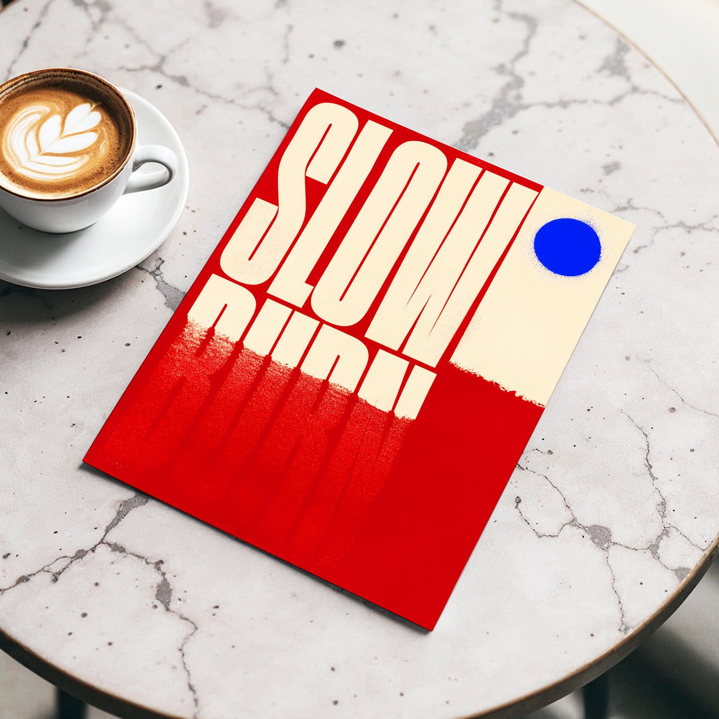 Slow Burn Signal, red, beige, blue minimalist wall art displayed in a styled interior, gallery view 4
