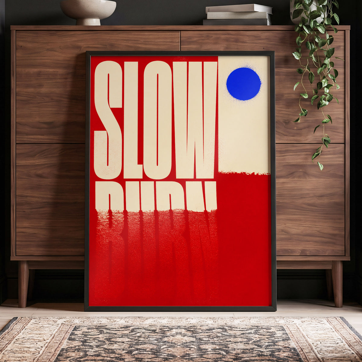 Slow Burn Signal, red, beige, blue minimalist wall art displayed in a styled interior, gallery view 5