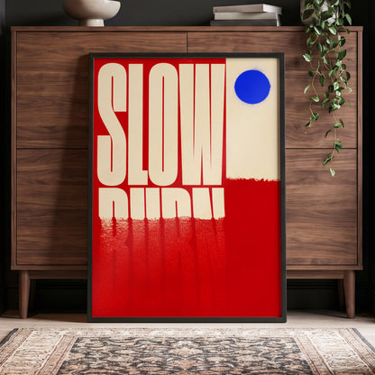 Slow Burn Signal, red, beige, blue minimalist wall art displayed in a styled interior, gallery view 5