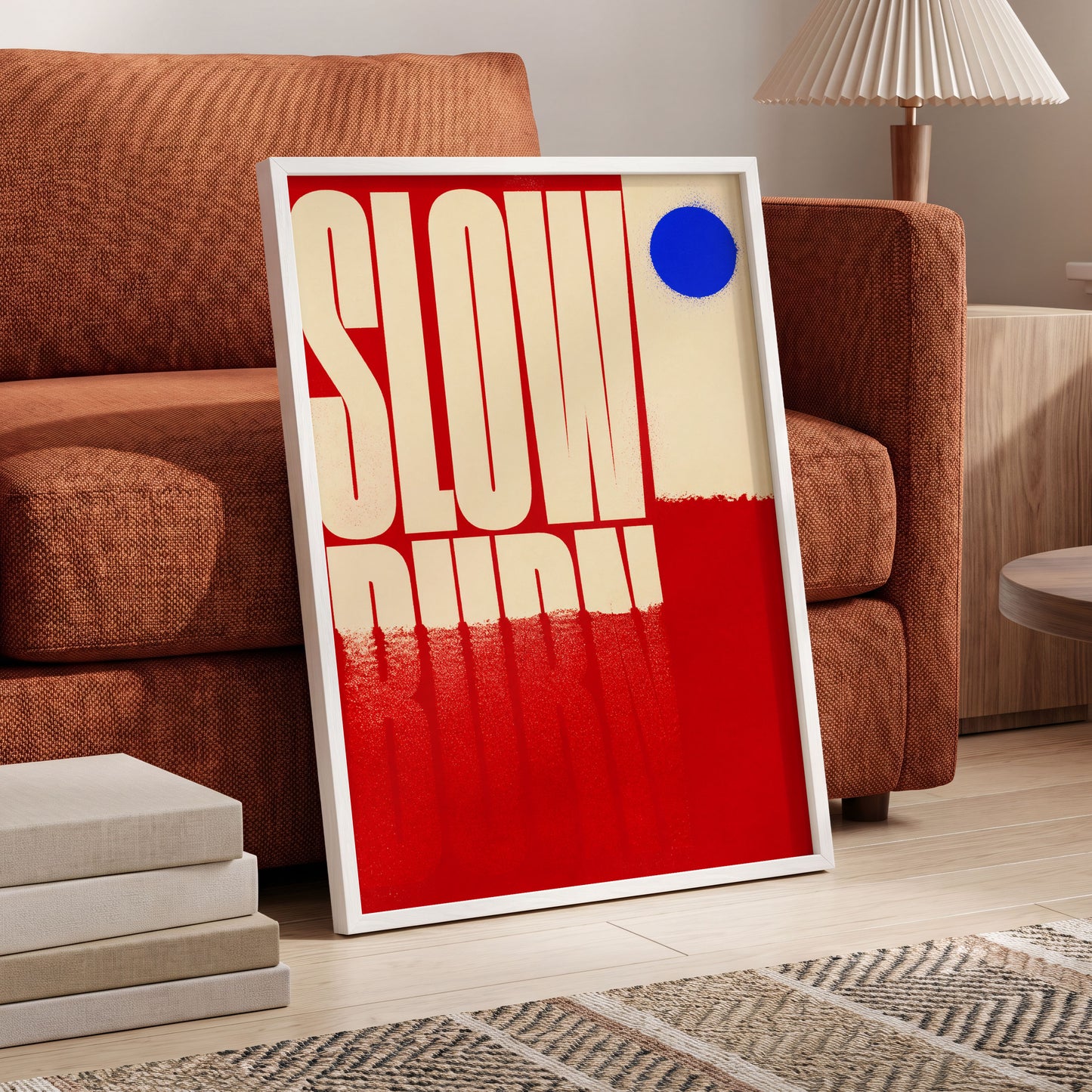 Slow Burn Signal, red, beige, blue minimalist wall art displayed in a styled interior, gallery view 6
