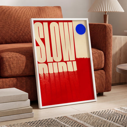Slow Burn Signal, red, beige, blue minimalist wall art displayed in a styled interior, gallery view 6