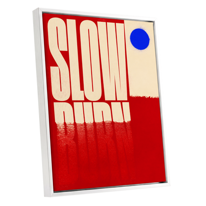 Slow Burn Signal, red, beige, blue minimalist wall art shown as a white framed canvas wall art