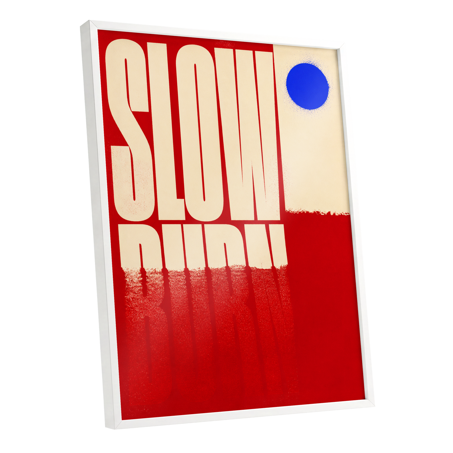 Slow Burn Signal, red, beige, blue minimalist wall art shown as a white framed poster wall art print