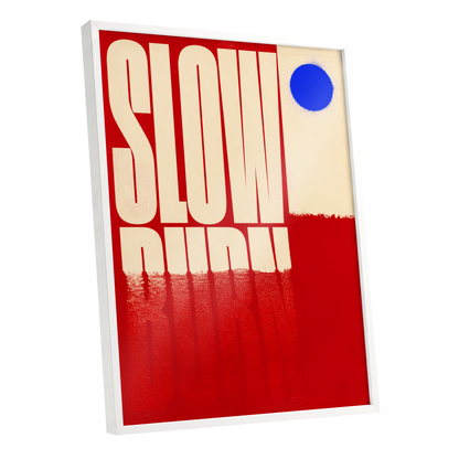 Slow Burn Signal, red, beige, blue minimalist wall art shown as a white framed poster wall art print