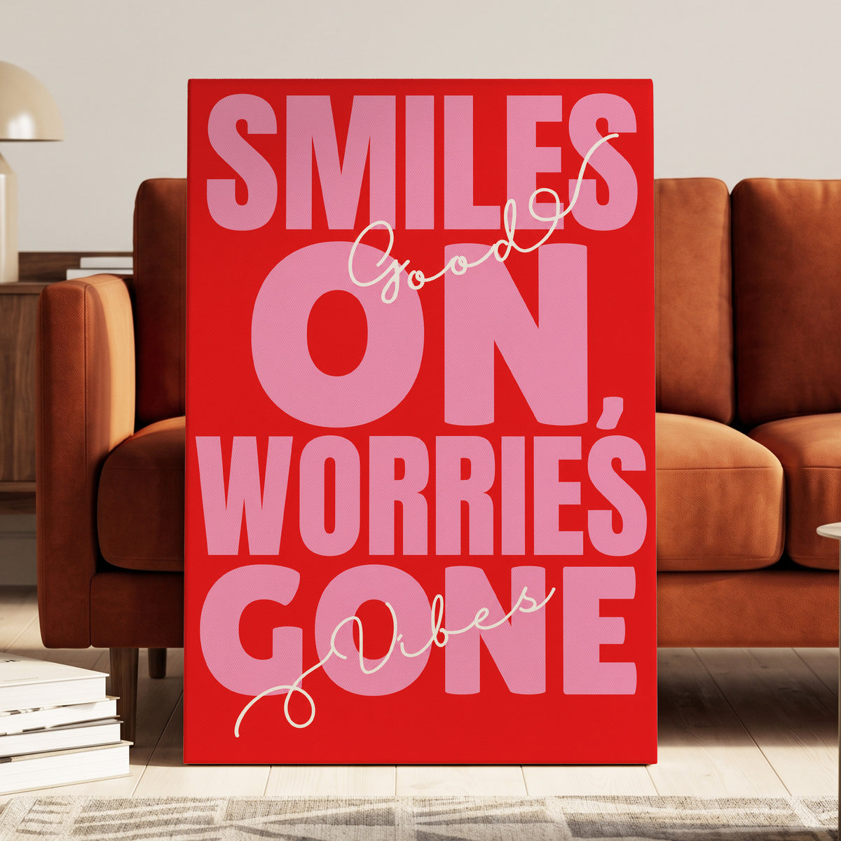 Smiles On, Worries Gone, red, pink, white minimalist wall art on canvas displayed in a styled interior, gallery view 1