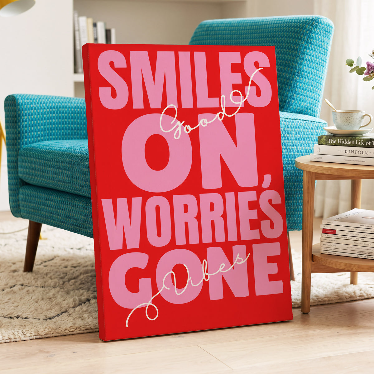 Smiles On, Worries Gone, red, pink, white minimalist wall art on canvas displayed in a styled interior, gallery view 2