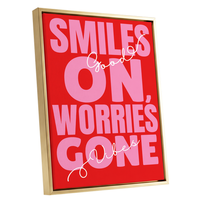 Smiles On, Worries Gone, red, pink, white minimalist wall art shown as a gold framed canvas wall art