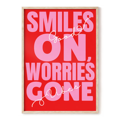 Smiles On, Worries Gone, red, pink, white minimalist wall art, front artwork view