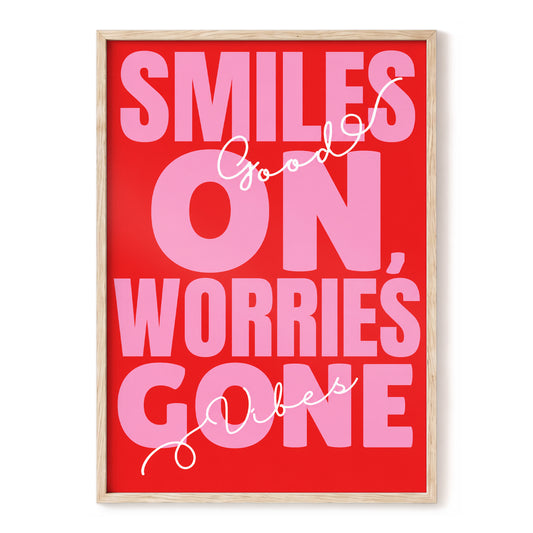 Smiles On, Worries Gone, red, pink, white minimalist wall art, front artwork view