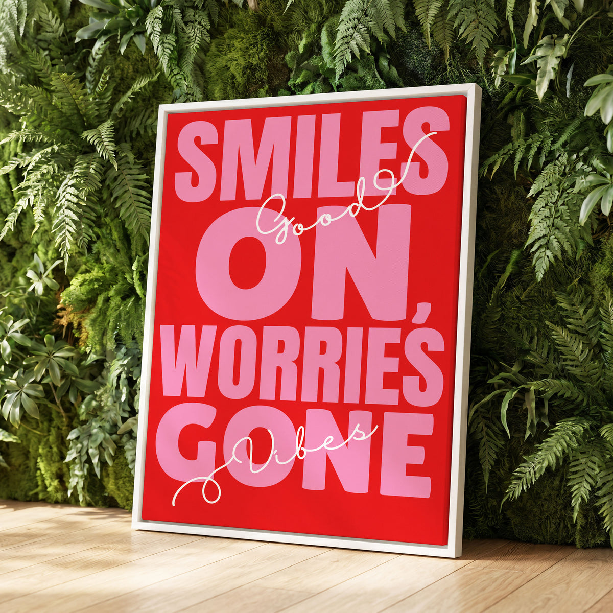 Smiles On, Worries Gone, red, pink, white minimalist wall art displayed in a styled interior, gallery view 2
